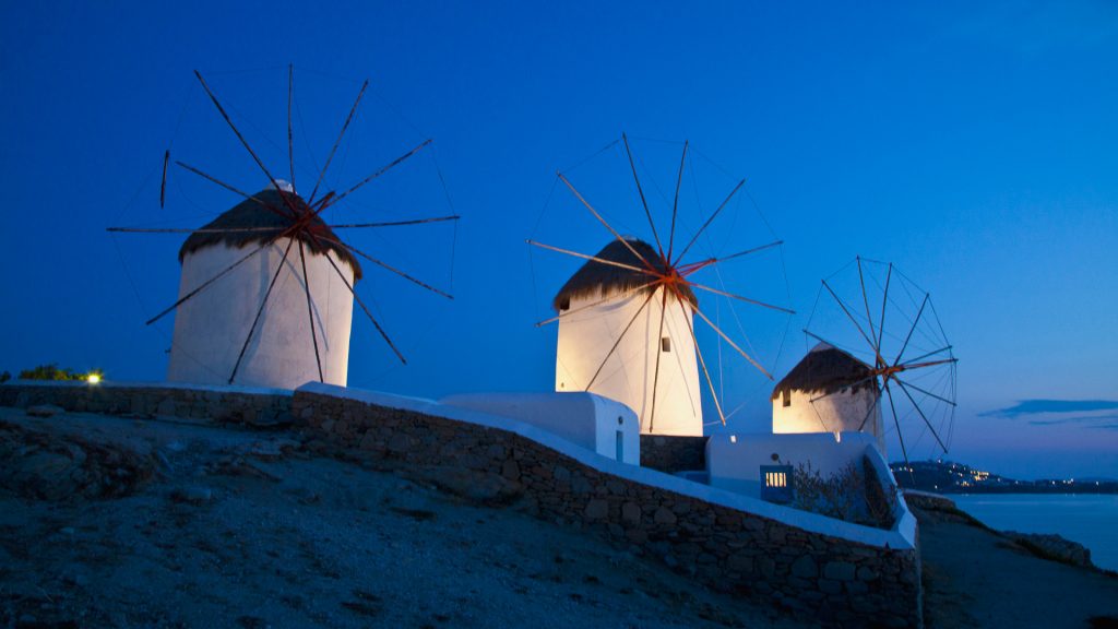 Windmill evening light, Hora, Island of Mykonos, Greece