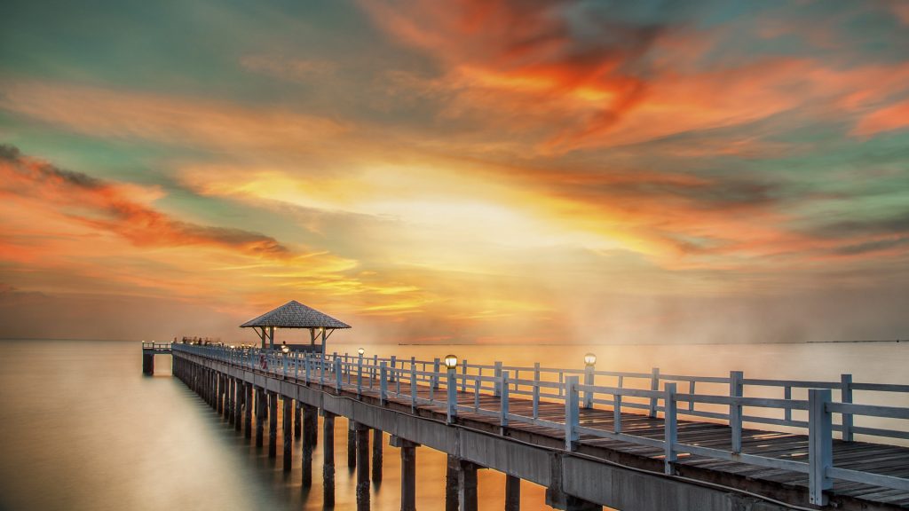 Wooded bridge in the port between sunrise, Pattaya, Thailand