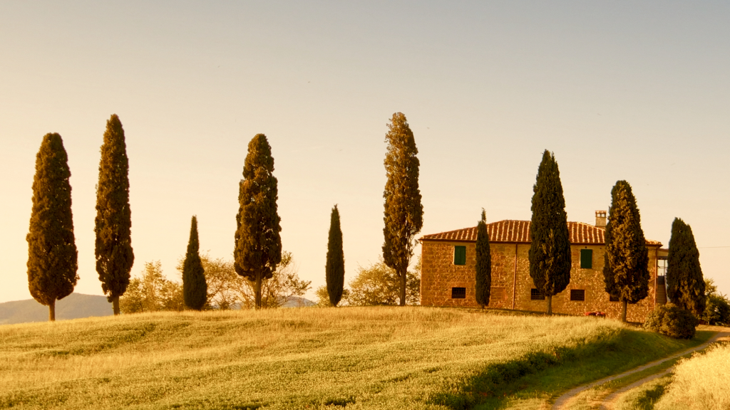 Farmhouse surrounded by cypress trees, classic Tuscany view close to Pienza, Italy