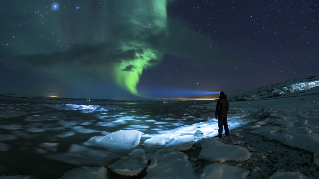 Myself and Aurora, aurora borealis view from Porsanger, Troms og Finnmark, Norway