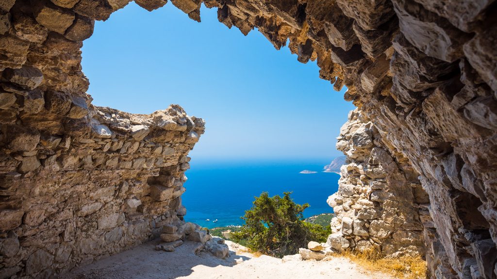 View out through the remains of Monolithos Castle on Island of Rhodes, Dodecanese, Greece