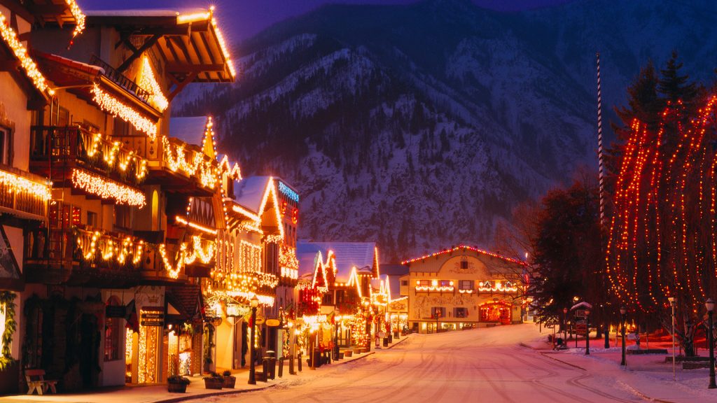 Bavarian style village near Cascade Mountains decorated with Christmas lights