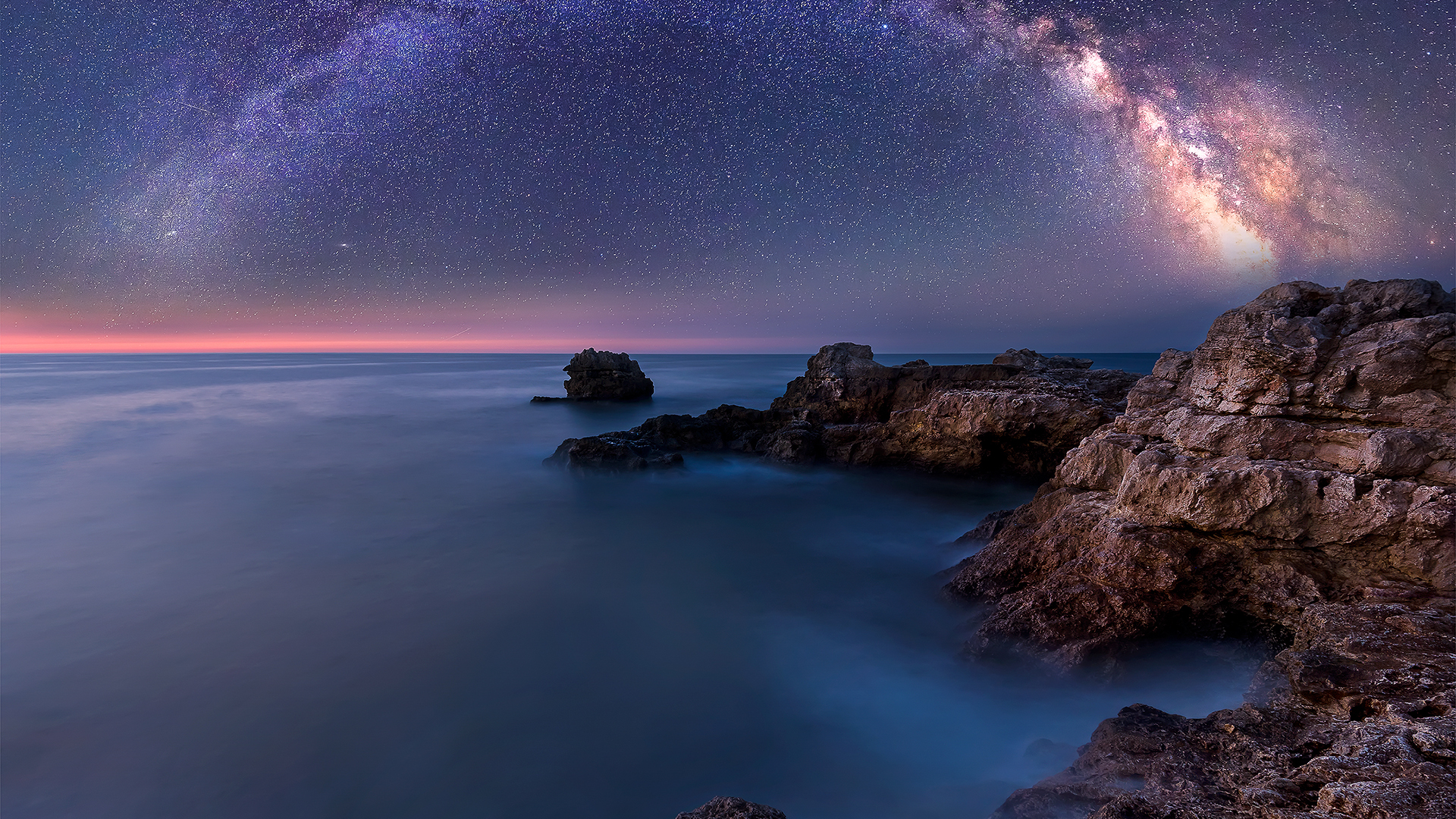 Night landscape with Milky Way Galaxy above the Black sea, Bulgaria ...