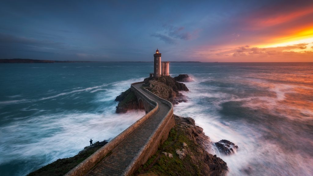 Sunset over Petit Minou lighthouse, Plouzané, Finistère, Brittany, France