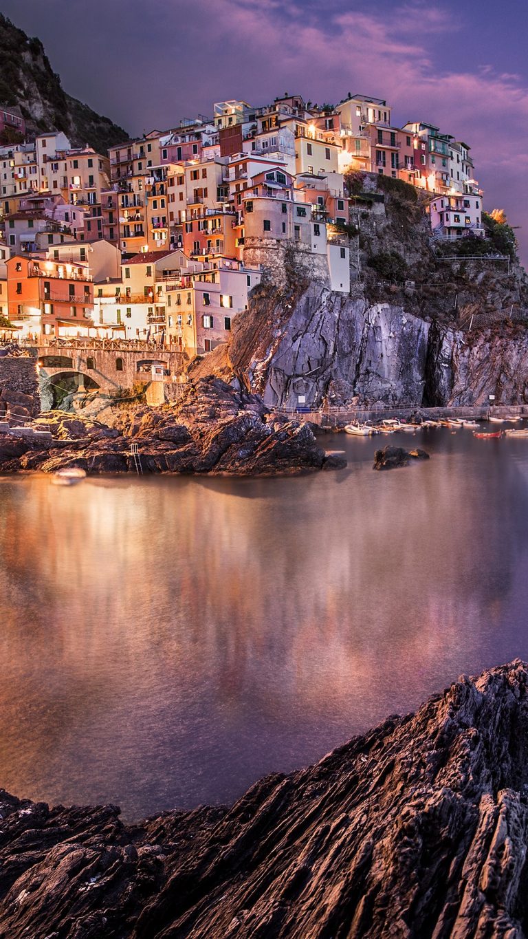Manarola night, the second smallest of Cinque Terre towns, Italy