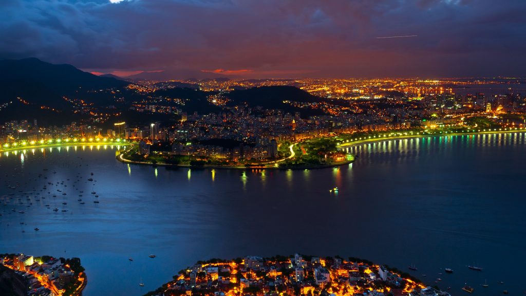 Aerial view of Rio de Janeiro from the Sugarloaf Mountain at night, Brazil