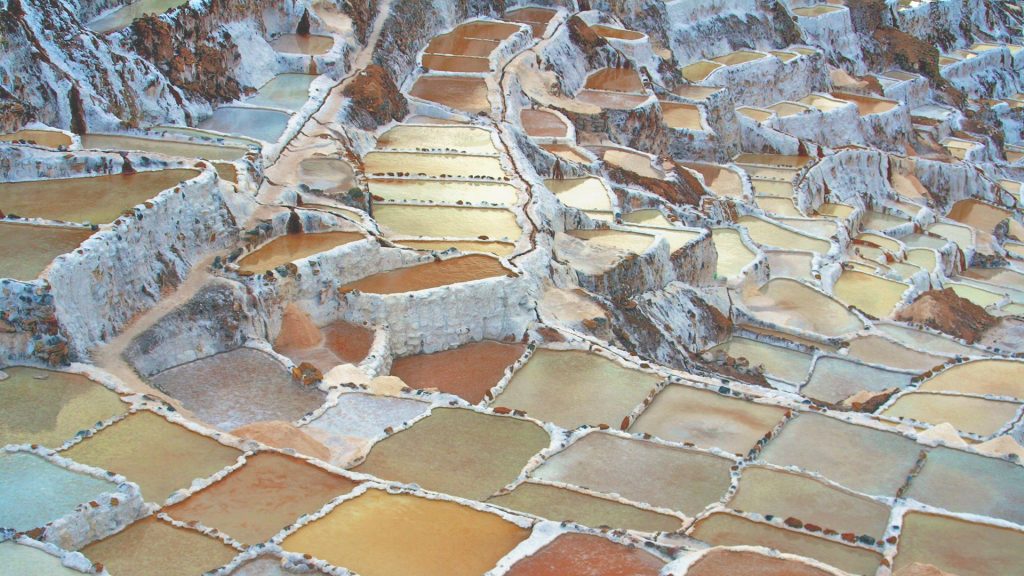Colorful landscape of salt pond terraces, Salineras de Maras, Inca Sacred Valley, Cusco, Peru