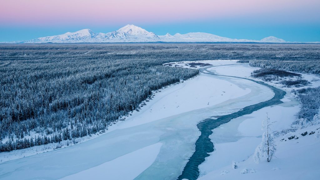 Wrangell Mountains above Copper River Valley, Alaska, USA
