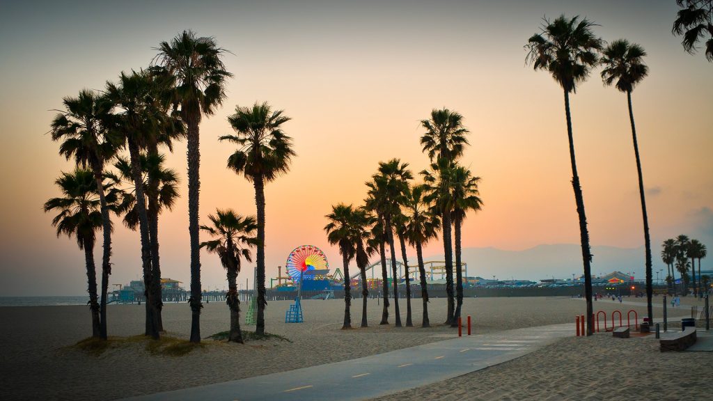 Santa Monica Pier at sunset, California, USA