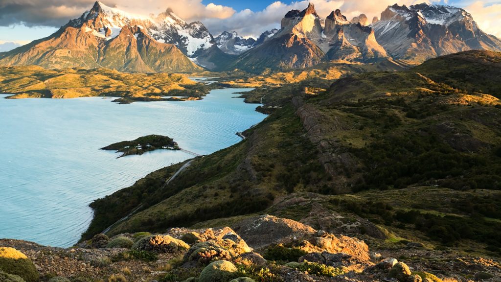 Paine Massif at dawn, lake Pehoé, Patagonia, Chile