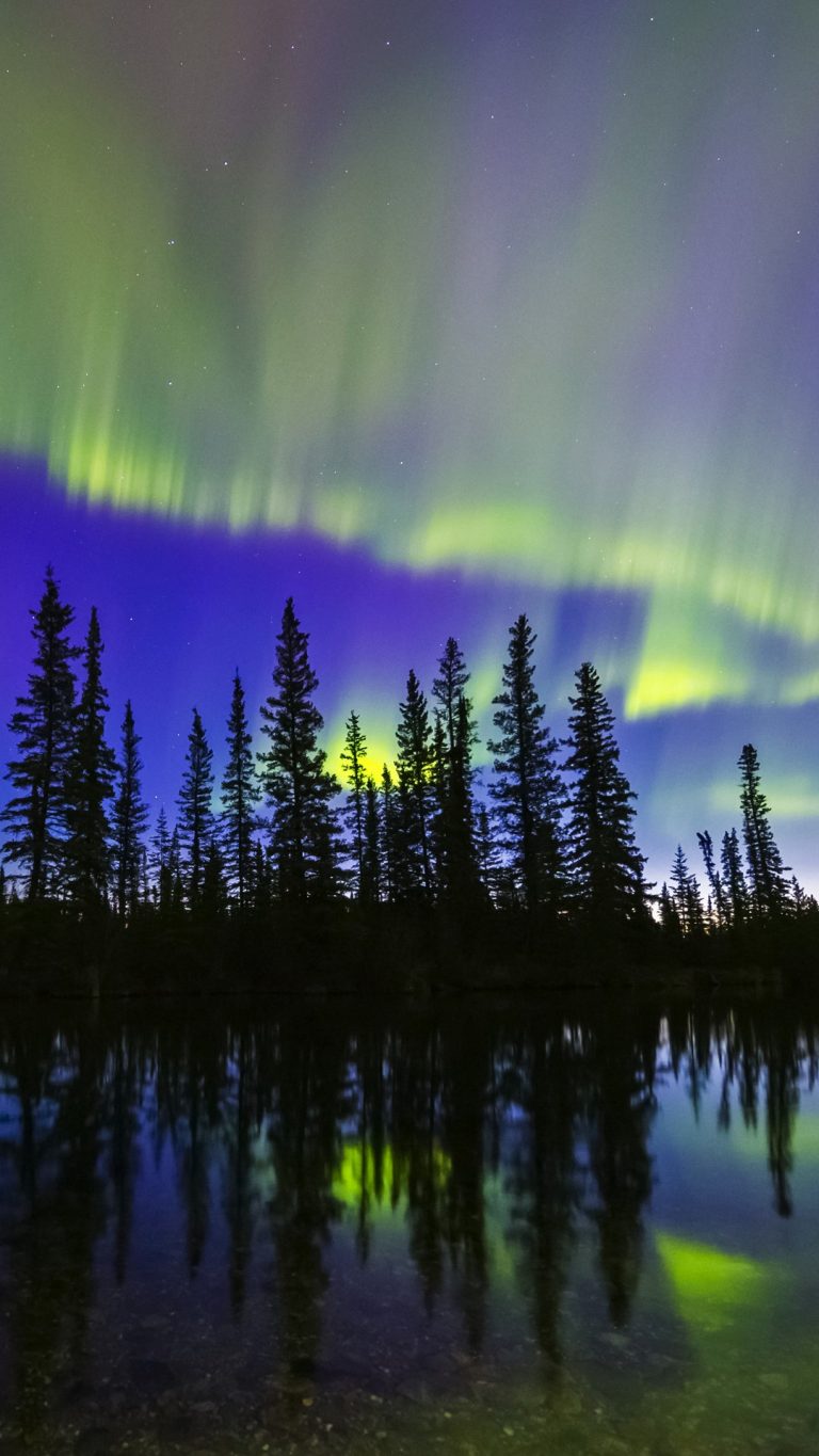 The aurora borealis reflects in the Clearwater River in Delta Junction