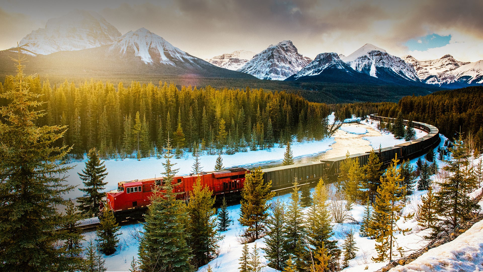 Canadian Pacific Railway train in Banff National Park in winter