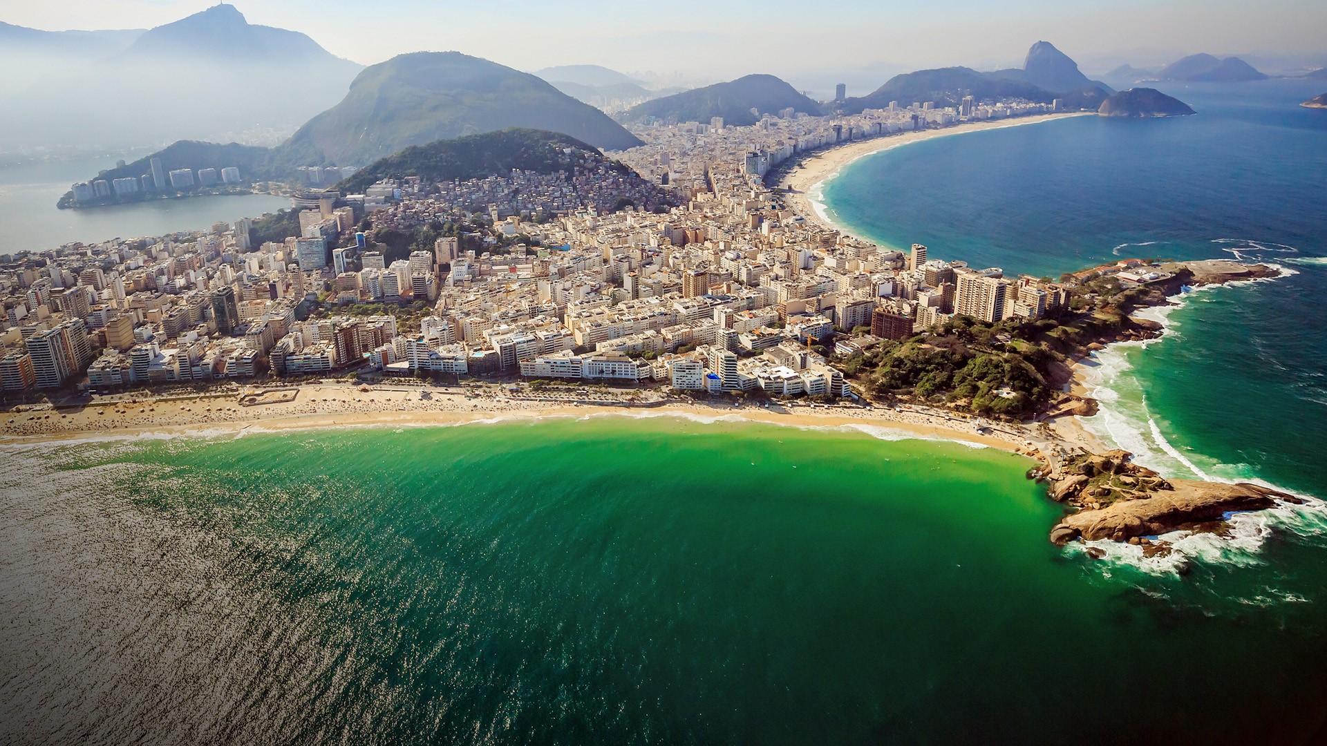 Aerial view of Copacabana Beach and Ipanema beach in Rio de Janeiro, Brazil.