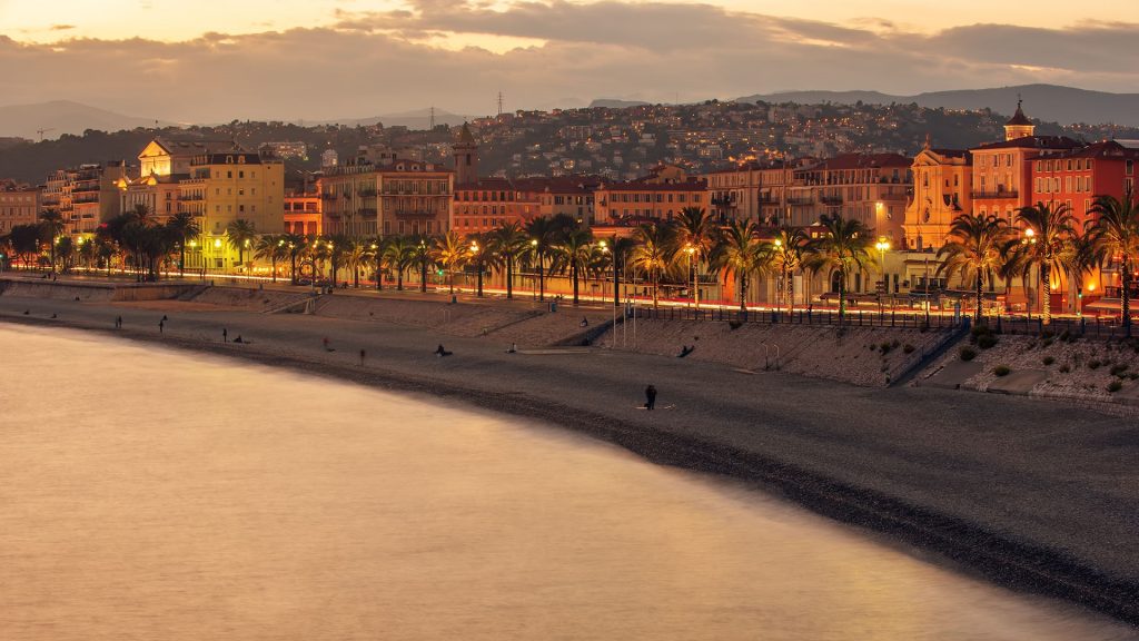 Night view of old town and Promenade des Anglais, Nice, France
