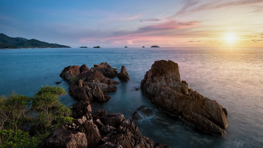 Landscape of tropical island beach during sunset at Koh Chang Island, Thailand
