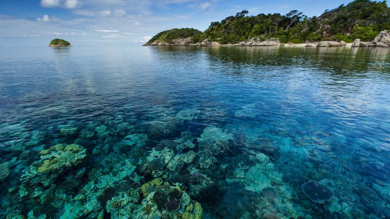 Seascape of coral surrounding a tropical island, Pulau Lintang, Anambas ...