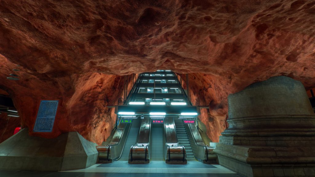 Rådhuset tunnelbana (subway, metro) station escalator, Stockholm, Sweden