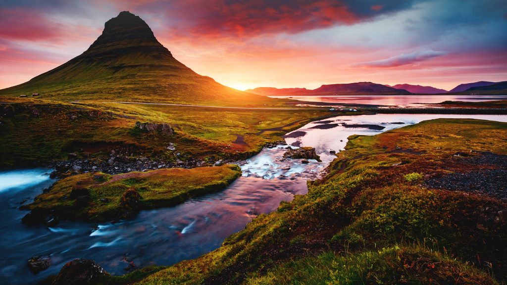 Evening with Kirkjufell volcano near the coast of Snæfellsnes peninsula, Iceland