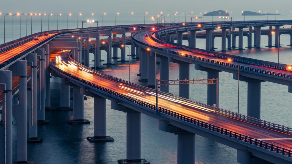 Dalian Cross-Sea Bridge at dusk, landmark of Dalian, Liaoning, China