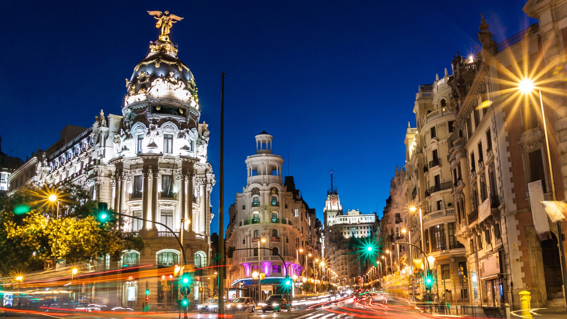 Rays Of Traffic Lights On Gran Via Street Main Shopping Street In 