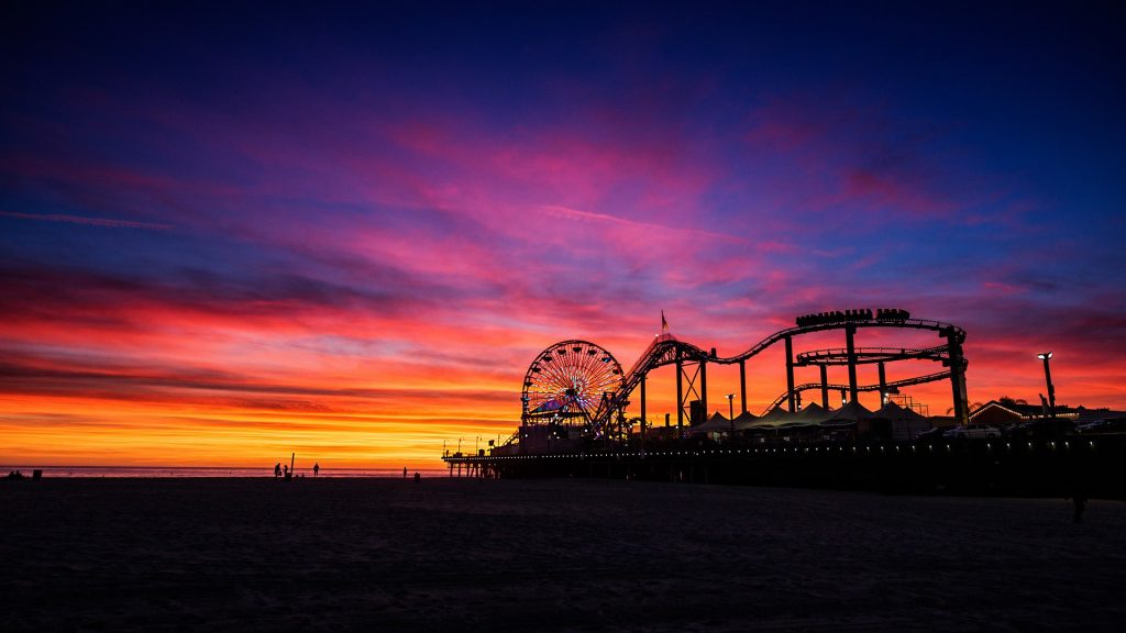 Place of fun, Santa Monica Pier at sunset, City Of Los Angeles, California, USA