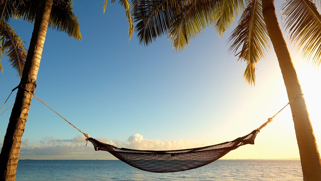 Hammock hanging between palm trees on tropical beach, Nadi, Fiji