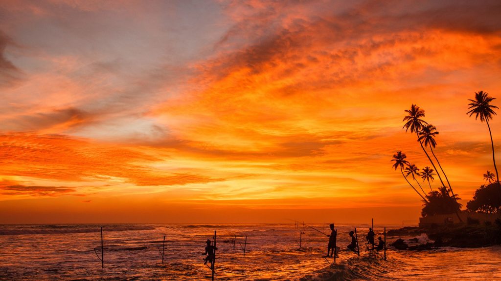 Sunset stilt fishing in Weligama Bay, Sri Lanka