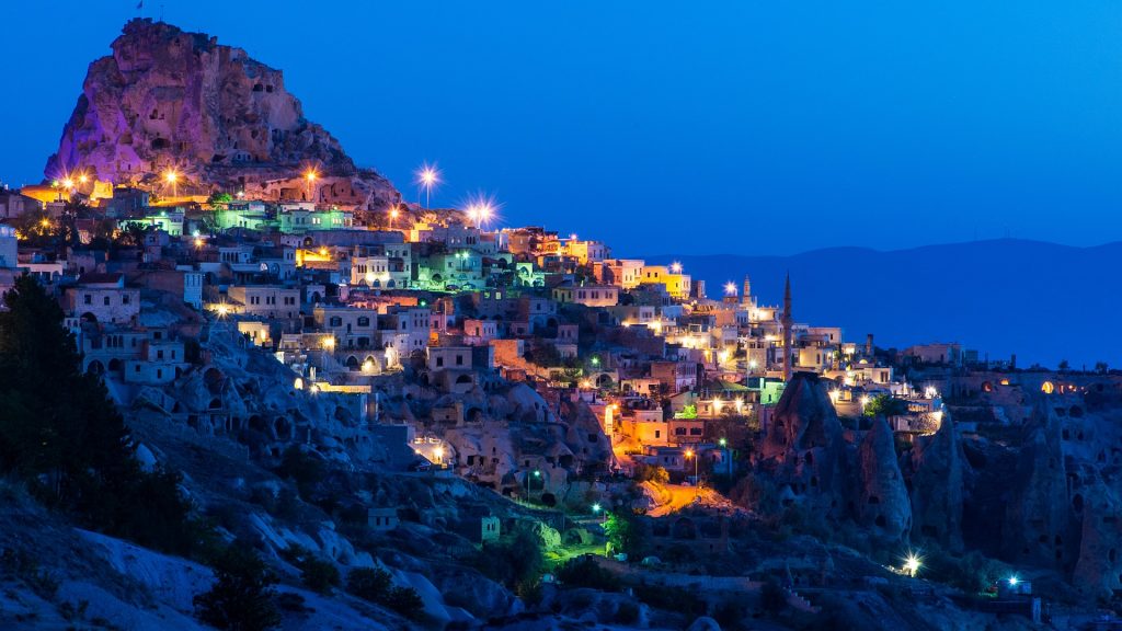 View of Uchisar castle from Pigeon Valley, Cappadocia, Turkey