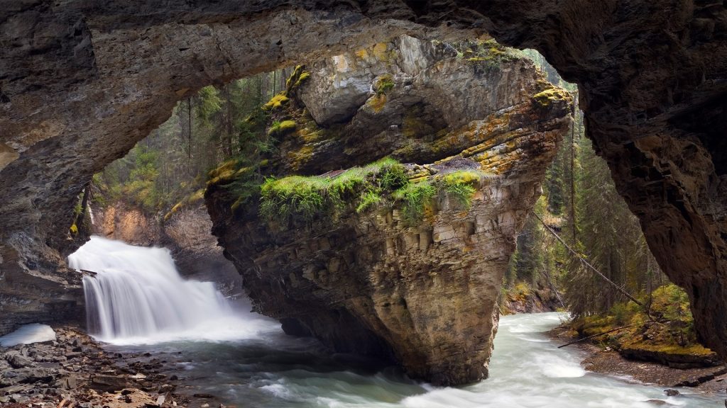 Cave and Waterfall, Johnston Canyon, Banff National Park, Alberta, Canada