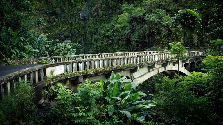 Old bridge on road to Hana Maui in rainforest on Maui, Hawaii, USA ...