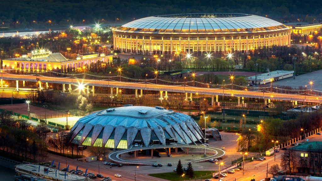 Night view of Luzhniki Stadium from Russian Academy of Sciences building, Moscow, Russia