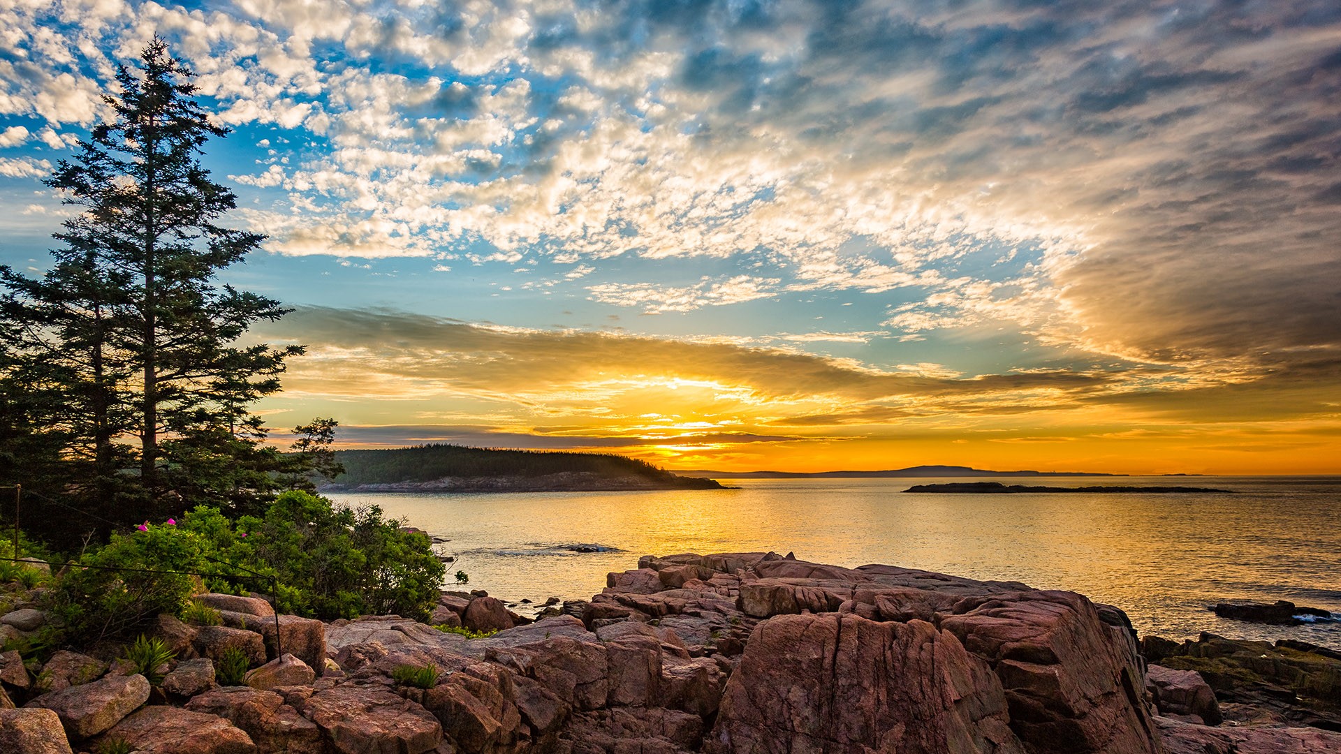 Sunrise from coast of Mount Desert Island Maine inside Acadia National ...