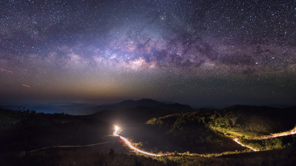 Milky Way over mountains, Kanchanaburi, Thailand