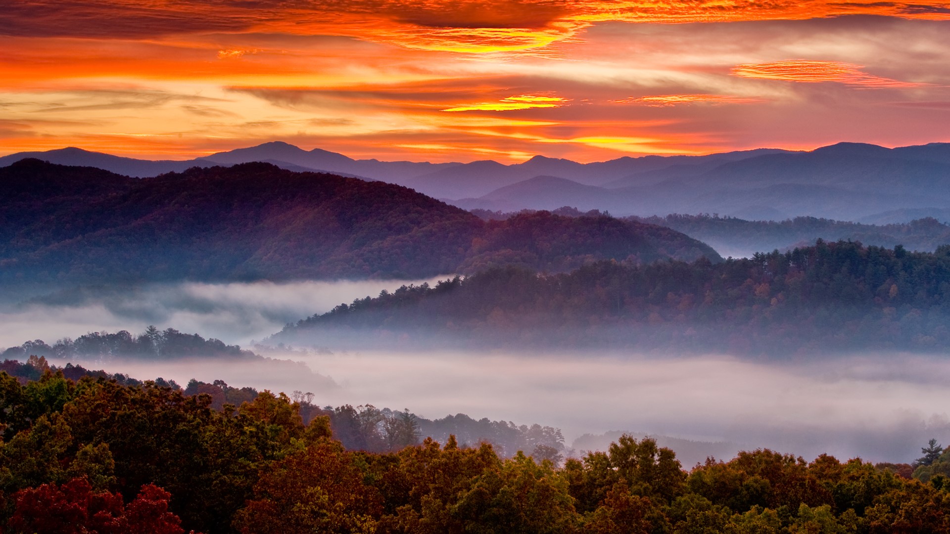 Sunrise over the Smoky Mountains in autumn from the Foothills Parkway