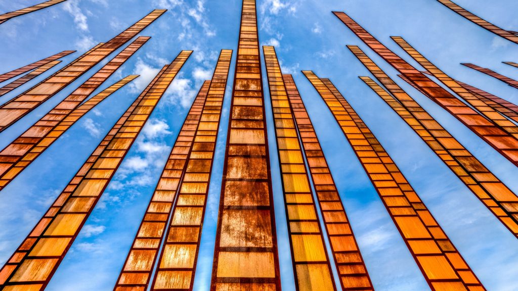 Looking up, sculpture in downtown Seattle at the Space Needle, Washington, USA