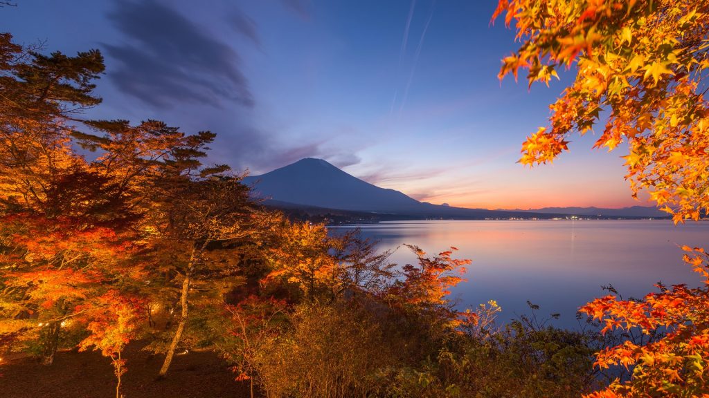 Mount Fuji view during autumn from the shore of Lake Yamanaka, Japan