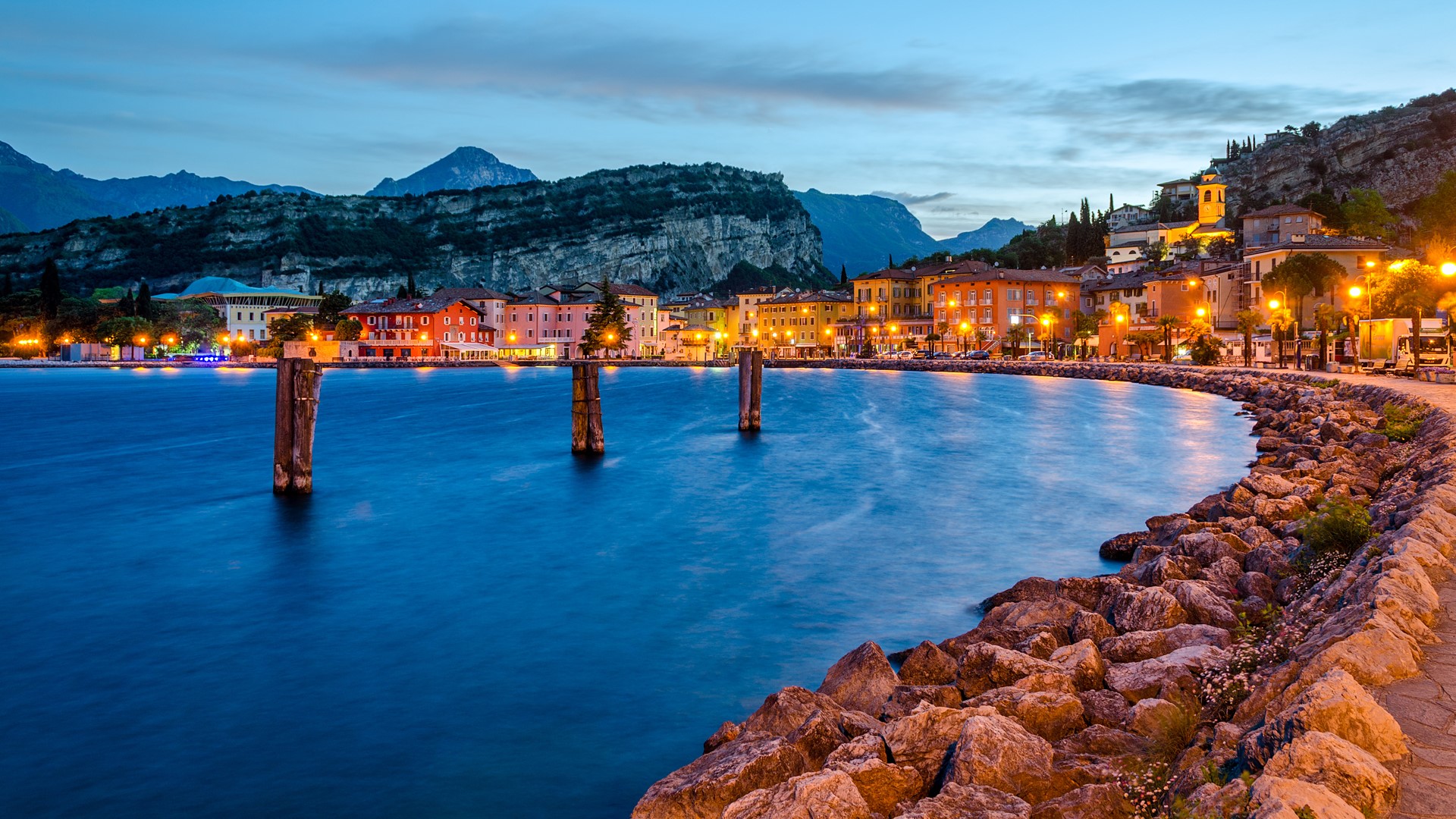 Town of Torbole at early morning, Lake Garda (Lago di Garda) at ...