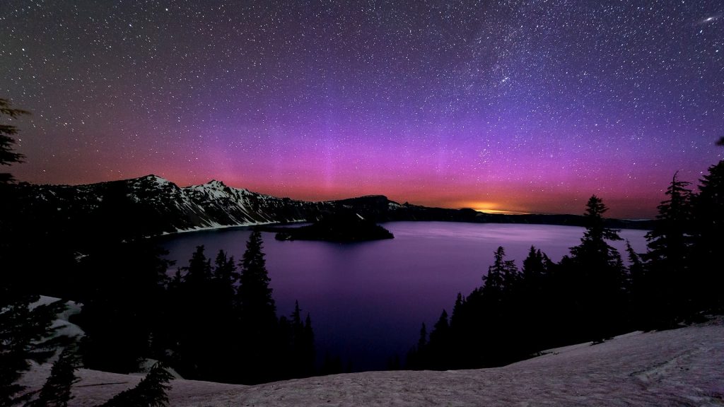 Aurora Borealis over Crater Lake National Park, Oregon, USA