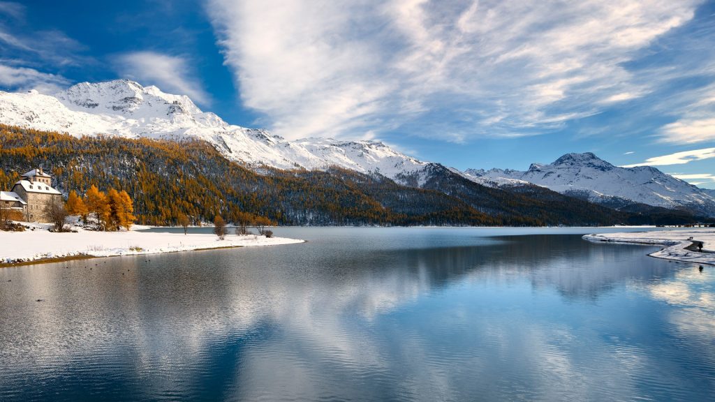 Lake Silvaplana, Alps, Engadin, Grisons, Grigioni, Graubunden, Switzerland
