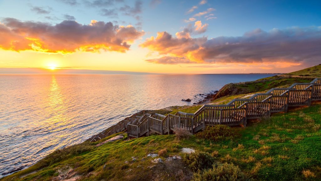 Hallett Cove park boardwalk at sunset, South Australia