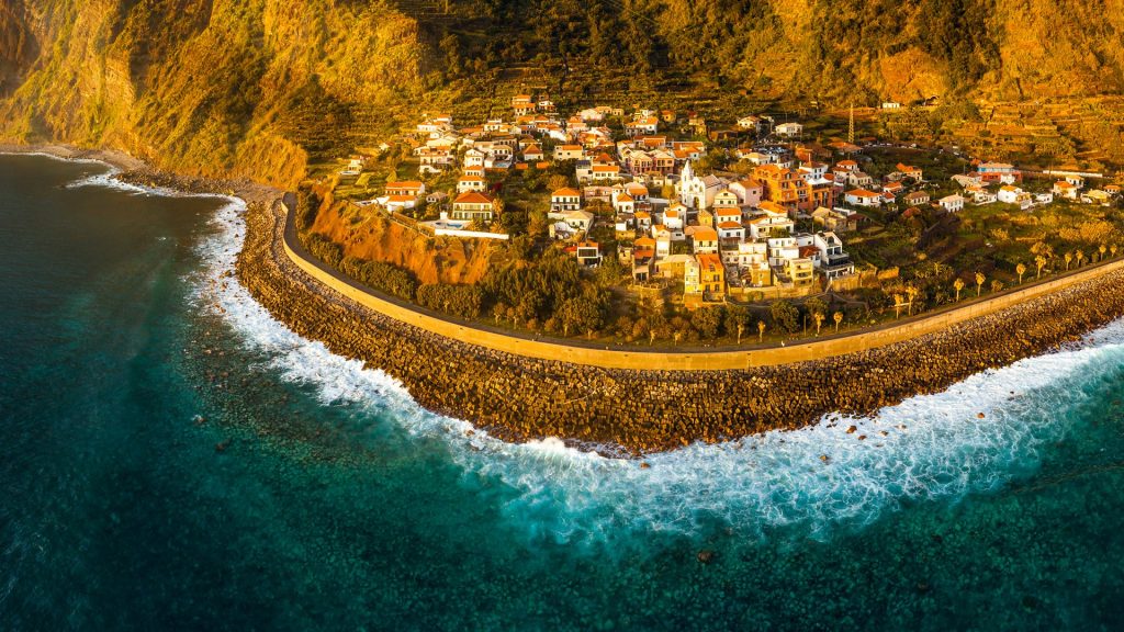 Aerial view of Jardim do Mar, surfing spot in Madeira Island, Portugal