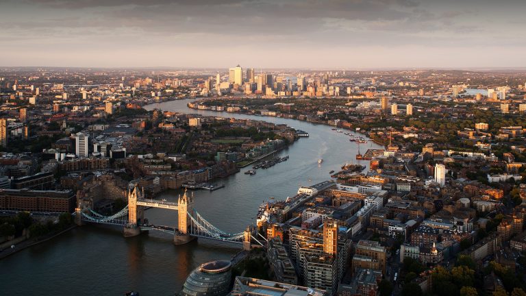 London view of Tower Bridge, River Thames and Canary Wharf, England, UK ...