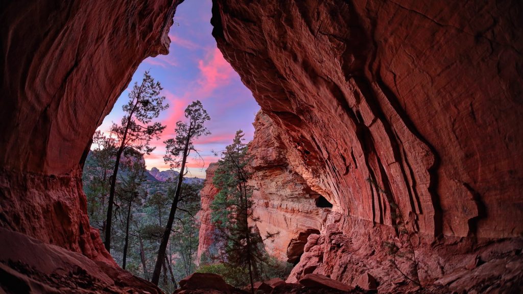 Trees and sky seen through cave at sunset, Red Rock State Park, Sedona, Arizona, USA