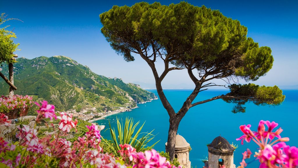 Amalfi Coast view with Gulf of Salerno from Villa Rufolo gardens in Ravello, Campania, Italy