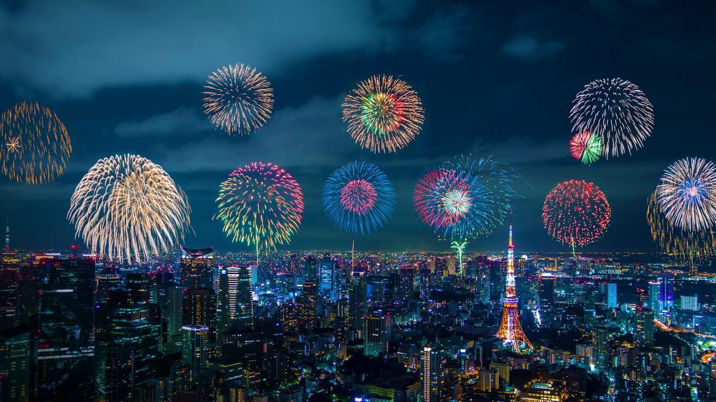 City night view and skyrocket fireworks, Shinjuku Ward, Tokyo, Japan