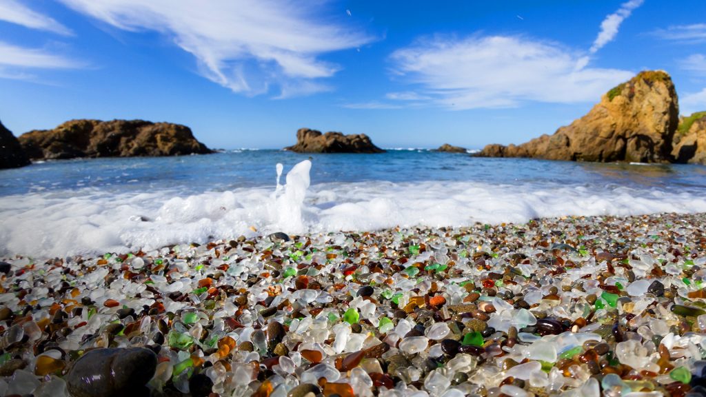 Color glass pebbles beach in Fort Bragg, Mendocino County, California, USA