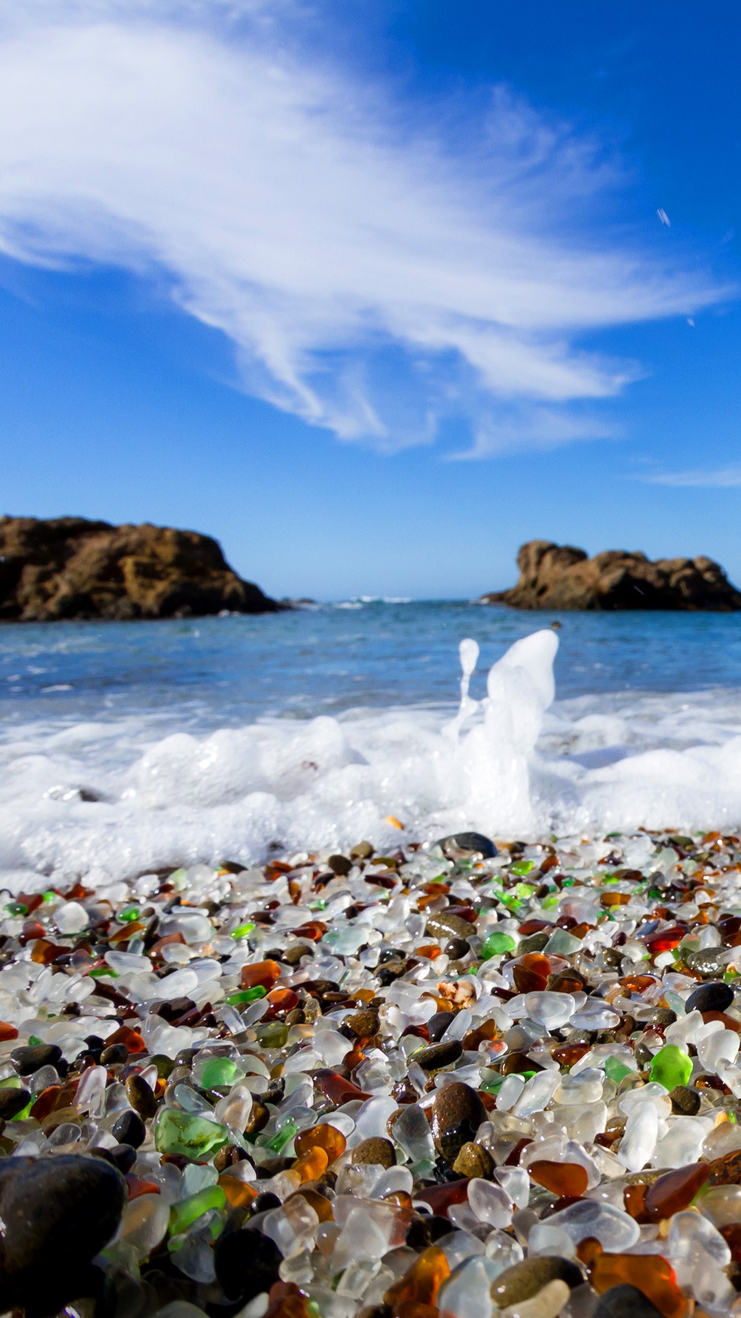 Color glass pebbles beach in Fort Bragg, Mendocino County, California ...