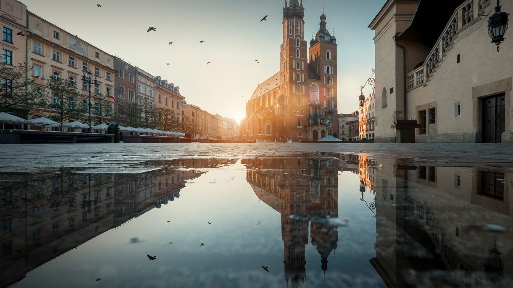 Market square and St. Mary's Basilica in Krakow, Poland