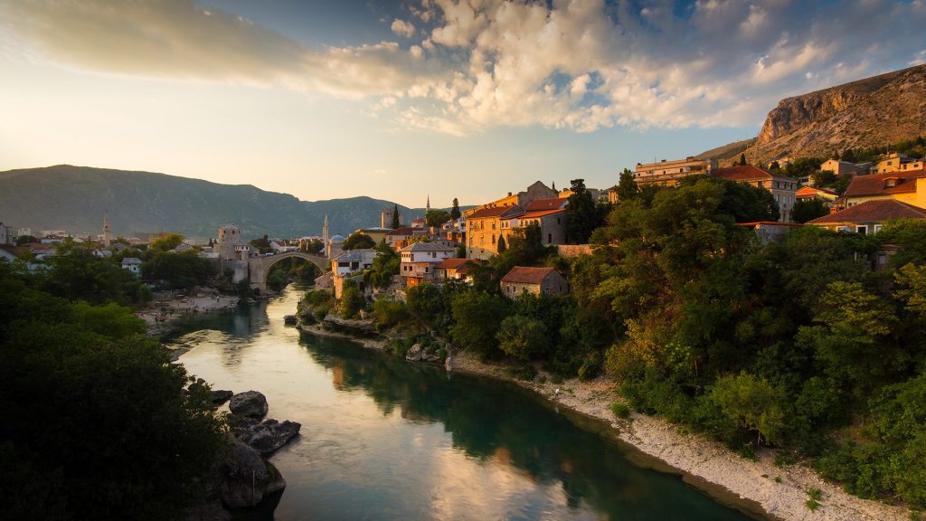 Neretva River running through town Mostar, Bosnia and Herzegovina