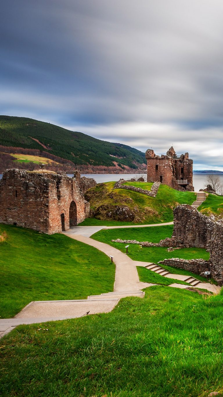 Urquhart Castle ruins on on Lochness Lake in the Highlands of Scotland ...